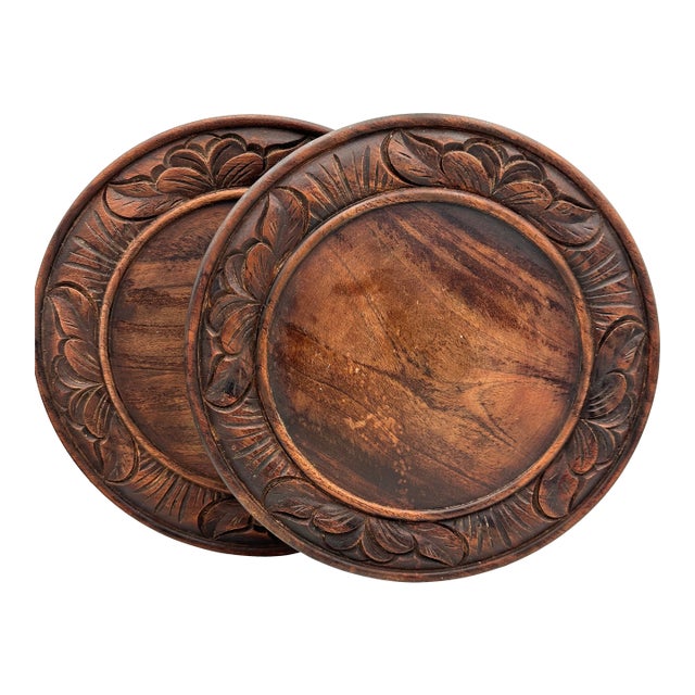 Early 20th Century European Antique Black Forest 11.5" Carved Wood Bread Board Charger Plate Set For Sale
