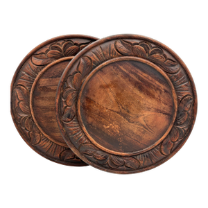 Early 20th Century European Antique Black Forest 11.5" Carved Wood Bread Board Charger Plate Set