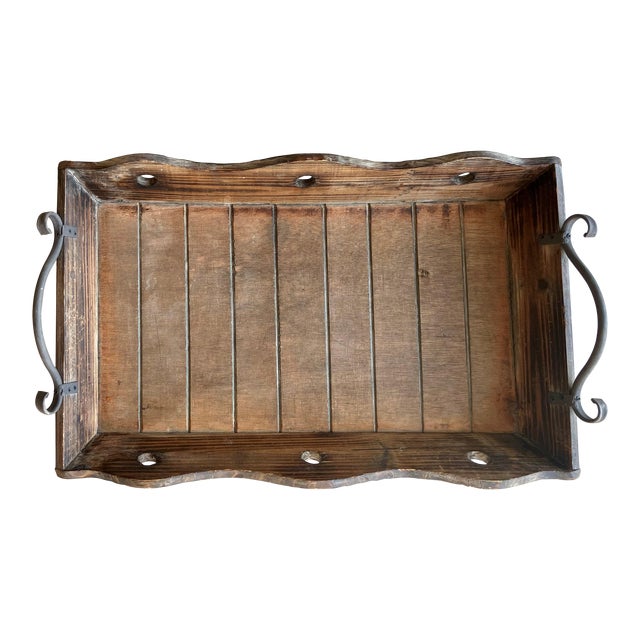 Mid 20th-Century Nicely-Sized Rustic Chic Pine Wood Tray With Worked Steel Scroll Handles For Sale