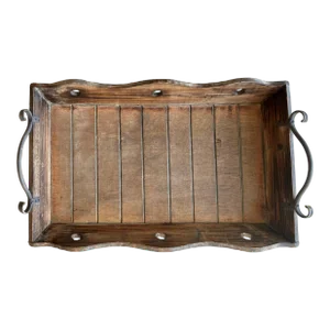 Mid 20th-Century Nicely-Sized Rustic Chic Pine Wood Tray With Worked Steel Scroll Handles