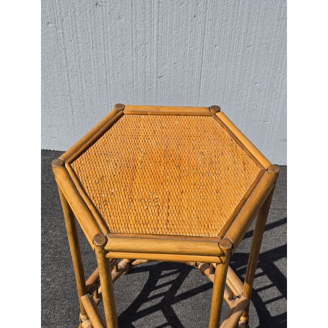 French Country Vintage Coastal Bamboo Hexagon Side Fern Table For Sale - Image 3 of 12