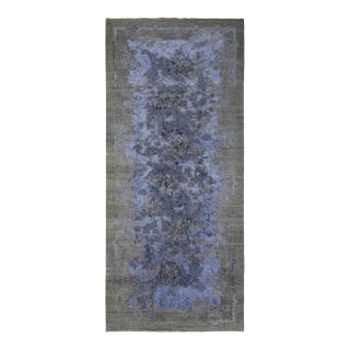 Rug & Kilim’s Distressed Modern Runner With Abstract Florals in Muted Blue & Green For Sale