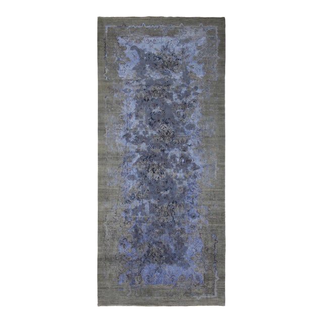 Rug & Kilim’s Distressed Modern Runner With Abstract Florals in Muted Blue & Green For Sale