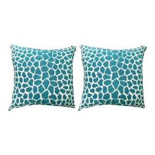 Pair of Giraffe Print Pillows -Aqua For Sale