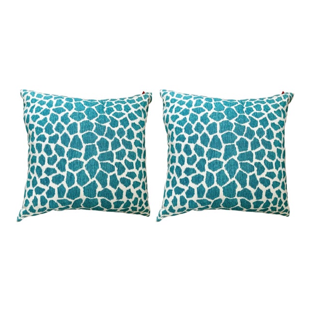 Pair of Giraffe Print Pillows -Aqua For Sale