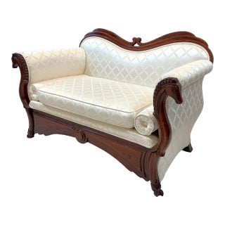 Vintage Duncan Phyfe Style Loveseat With Carved Horse Head Arm Details For Sale