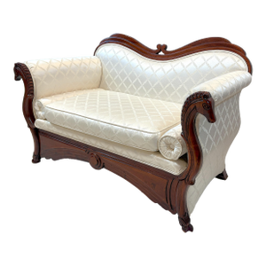 Vintage Duncan Phyfe Style Loveseat With Carved Horse Head Arm Details