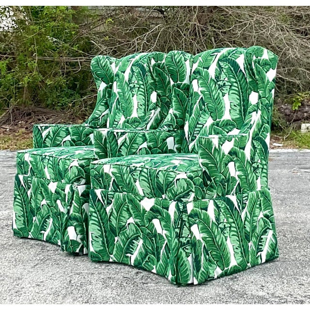 Vintage Coastal Palm Frond Skirted Wingback Chairs - a Pair For Sale - Image 15 of 18