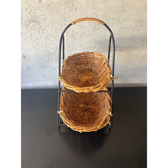 Mid 20th Century Vintage Mid-Century Rattan & Iron Two-Tier Basket in the Manner of Tony Paul For Sale - Image 5 of 7
