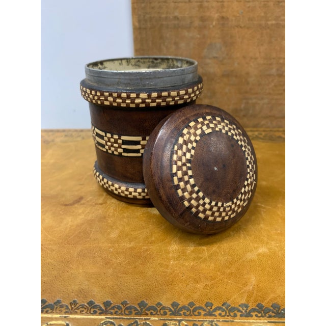 English Pair of 1940s Vintage Decorated Leather Tobacco Tins For Sale - Image 3 of 6