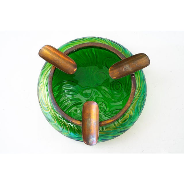 Gold Antique Art Nouveau Bohemian Czech Kralik Green Iridescent Glass Ashtray, 1908 For Sale - Image 8 of 9