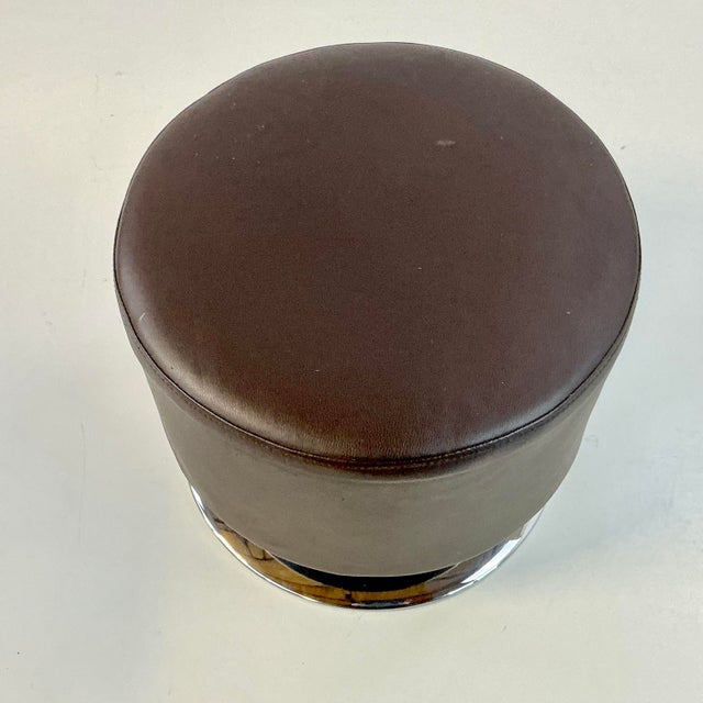 Contemporary Modern Italian Brown Faux Leather With Chrome Pedestal Base Low Stool For Sale - Image 9 of 9