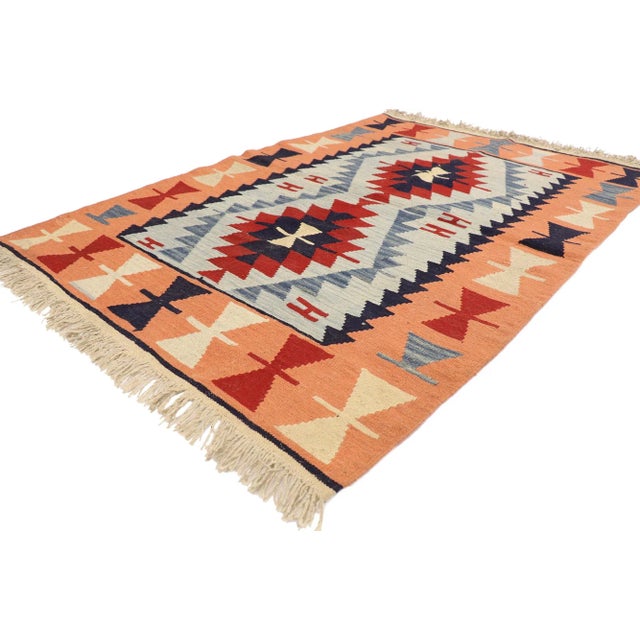 Vintage Persian Shiraz Kilim Rug with Bohemian Style 03'11 x 05'08. Full of tiny details and a bold expressive tribal...