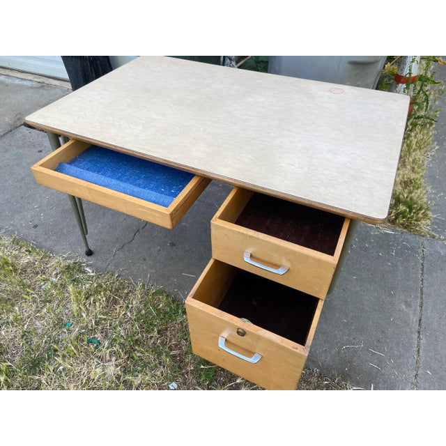 Camel 1950s Raymond Loewy for Brunswick Vintage Mid Century Modern Industrial Desk For Sale - Image 8 of 13