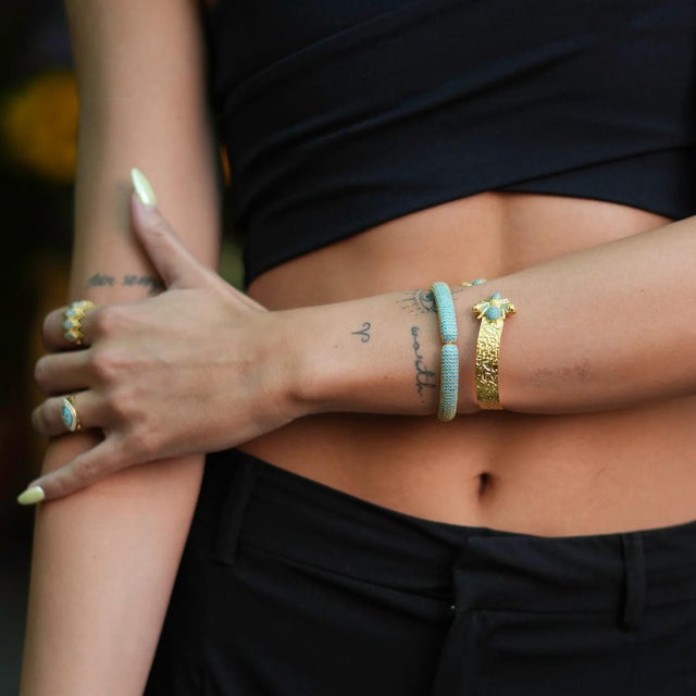 Mystic Design Gold & Turquoise Honey Bee Cuff Bracelet For Sale - Image 9 of 10