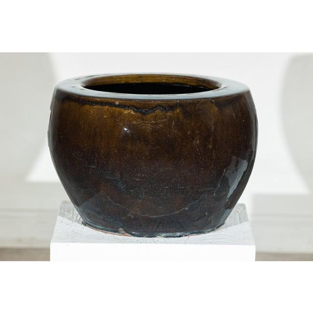 Mid 20th Century Vintage Chinese Brown and Blue Glazed Ceramic Planter with Rounded Form For Sale - Image 5 of 18