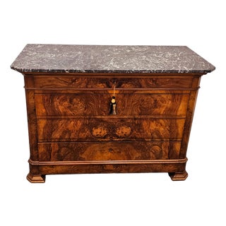 19th Century French Louis Philippe Burl Walnut Commode With Marble Top For Sale