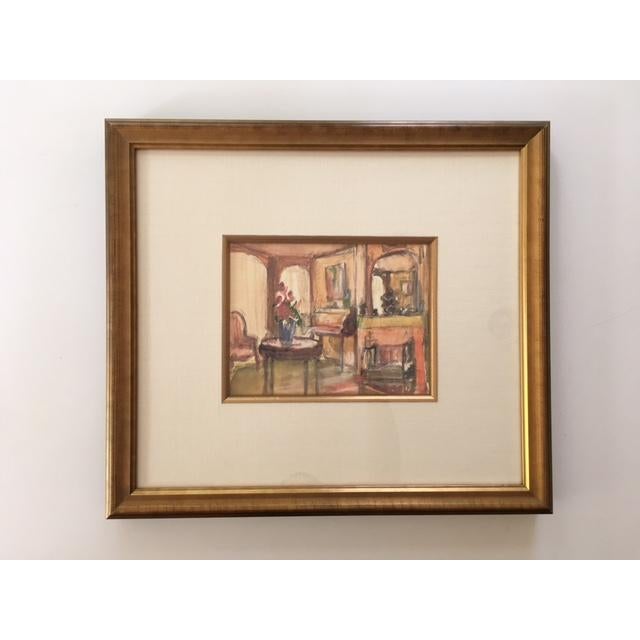 Charming watercolor in a soft palette depicting a parlor or living room. Finished in a gilded frame with linen mat and...
