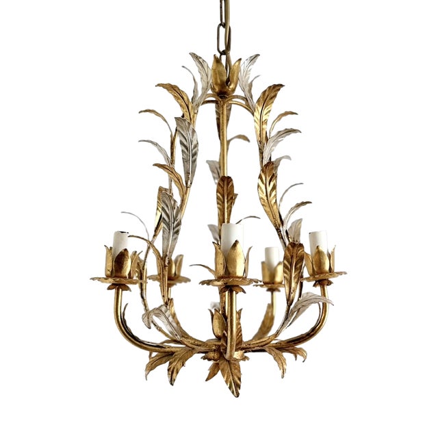 French Gilt and Silvered Tole Leaf 5-Light Chandelier, 1960s For Sale
