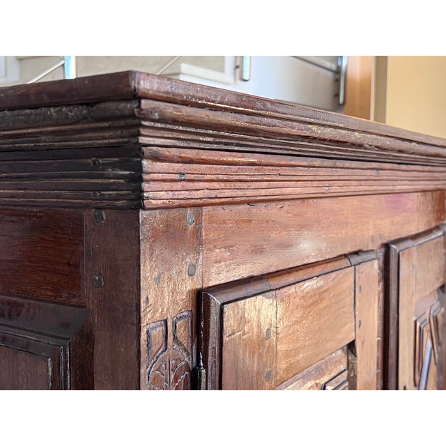 19th Catalan Spanish Cabinet on Stand in Carved Walnut and Iron Stretcher For Sale - Image 9 of 12