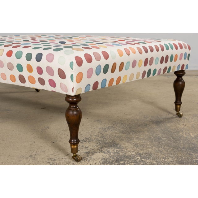 Teal Vintage French Tufted Ottoman in Multicolor Linen Upholstery For Sale - Image 8 of 15