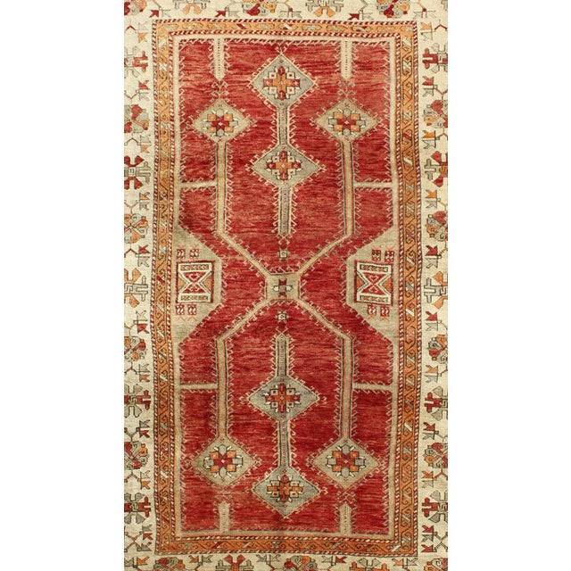 Antique Turkish Oushak Rug With Geometric Design in Red, Light Green, Orange and Cream For Sale - Image 4 of 9