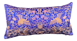 Hollywood Regency Royal Blue Gold Silk Embroidered Cranes Chinoiserie Boudoir Lumbar Pillow