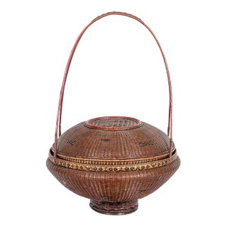 Antique Chinese Lidded Woven Rattan Basket For Sale