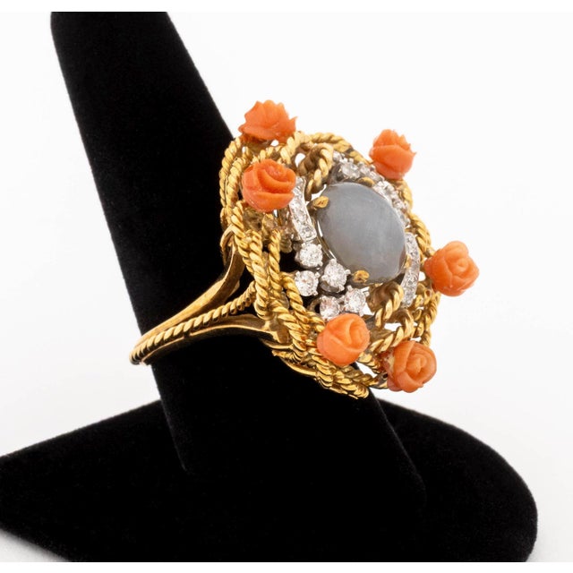 Mid-Century Modern 18k Rose Gold Star Sapphire Coral Diamond Ring For Sale - Image 3 of 10