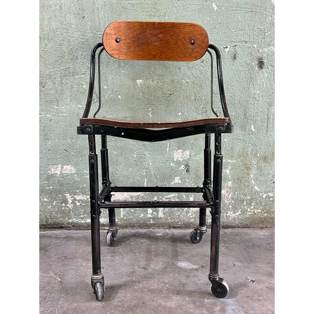 Industrial Rare Antique Early DoMore Industrial Rolling Metal Plywood Work Chair Stool For Sale - Image 3 of 12