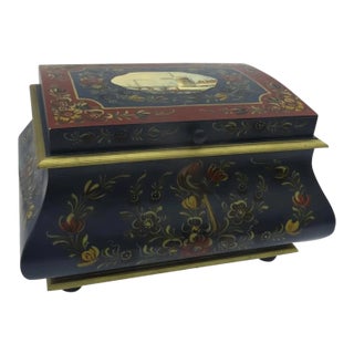 Large Vintage Rosemaling Hindeloopen Painted Chest Signed Scandinavian Bombe Jewelry Box Sewing Box by G. Bootsma For Sale