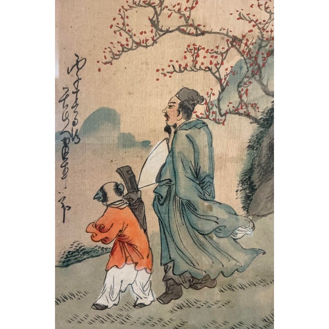 Light Green Vintage Chinese Scholar & Attendant Painting on Silk, Bamboo Frame For Sale - Image 8 of 9