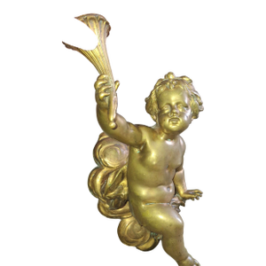 19thc French Antique Louis XV Monumental XL Architectural Flying Gilt Bronze Cherub Wall Sconce - Heavy 18"