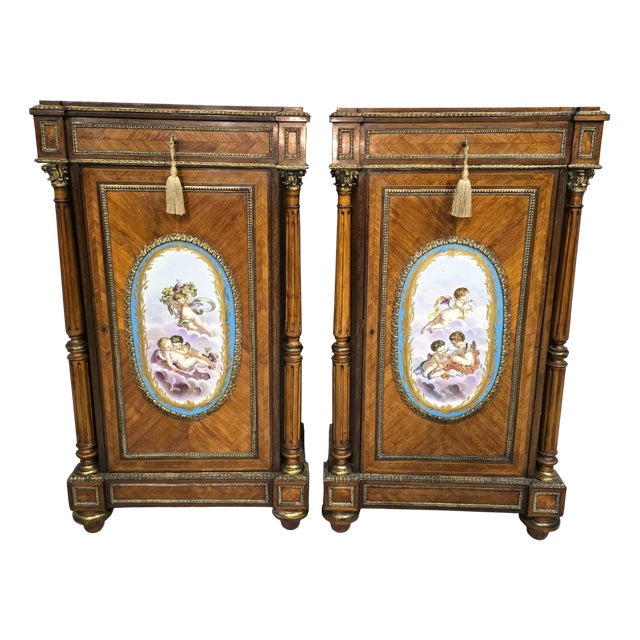 Tall French Louis XVI Porcelain Mounted Cabinets, 1880, Set of 2 For Sale