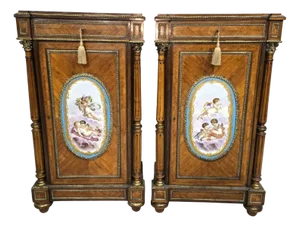Tall French Louis XVI Porcelain Mounted Cabinets, 1880, Set of 2