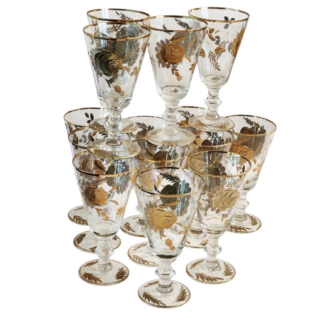 1960s Set of 14 24k Gold Encrusted Crystal Claret Wine Glasses For Sale - Image 11 of 13