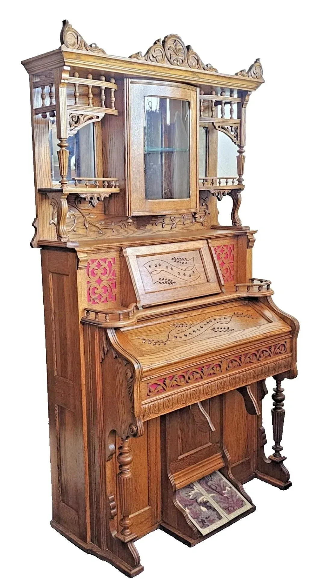 Organ Works(中古品) Antique Victorian 1880s Oak Beckwith Pump Organ W/ Bowed Glass