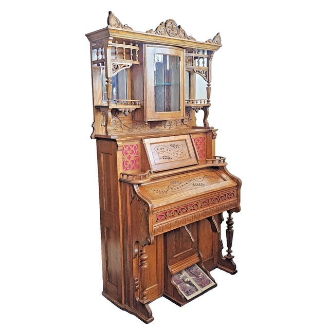 Victorian Antique Victorian 1880s Oak Beckwith Pump Organ W/ Bowed Glass Cabinet Stick & Ball For Sale - Image 3 of 12