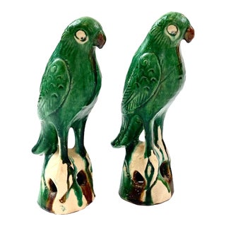 Green Glazed Majolica Terra Cotta Roof Tile / Finial Parrots - a Pair For Sale
