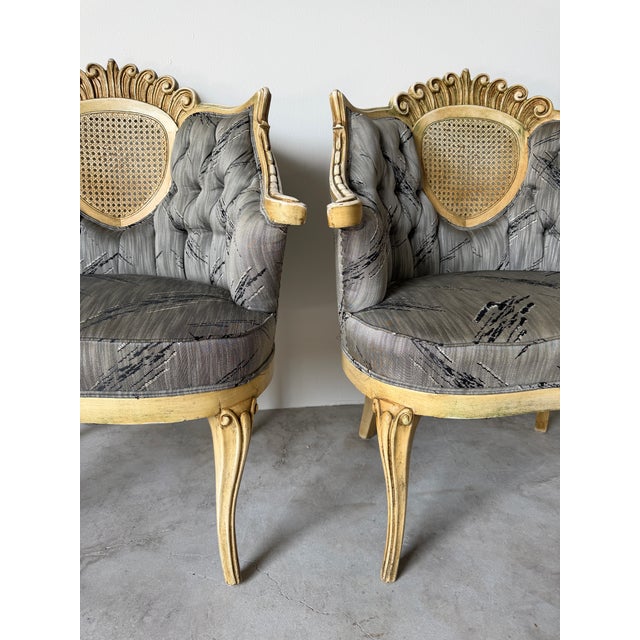 Gray Vintage Hollywood Regency Cane Back Tufted Lounge Chairs - A Pair For Sale - Image 8 of 13