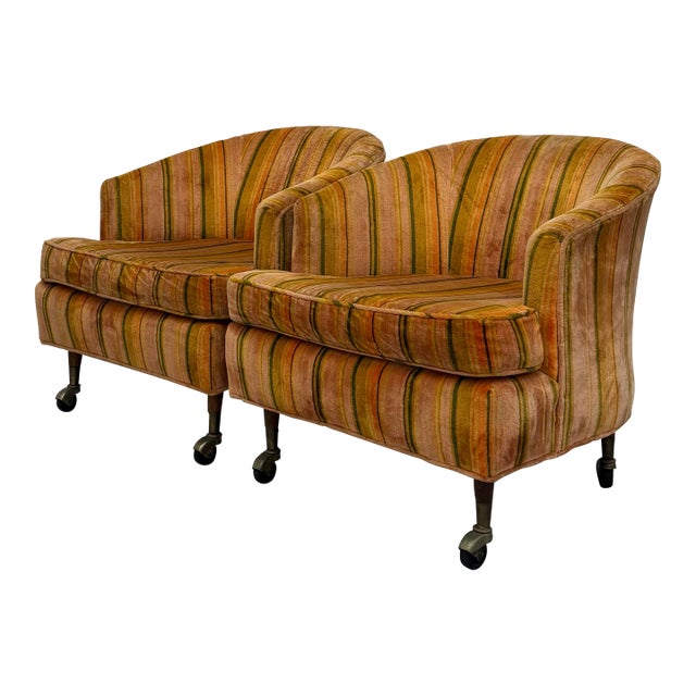 Vintage Barrel Back Lounge Chairs on Brass Casters – Pair For Sale