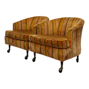 Vintage Barrel Back Lounge Chairs on Brass Casters – Pair