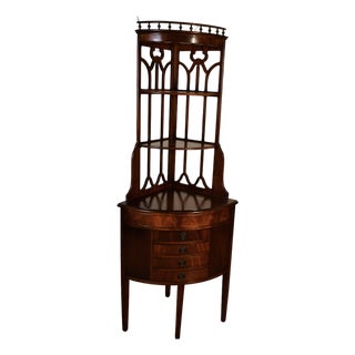 1940s English Regency Mahogany Corner Etageres Display Cabinet For Sale