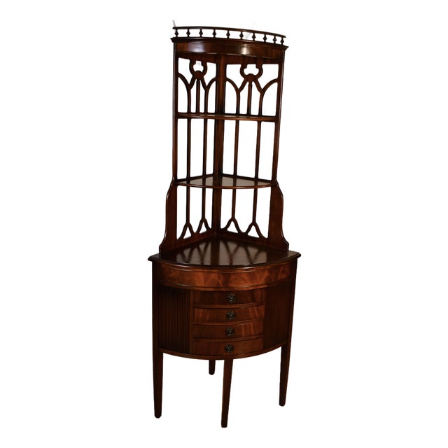 1940s English Regency Mahogany Corner Etageres Display Cabinet For Sale