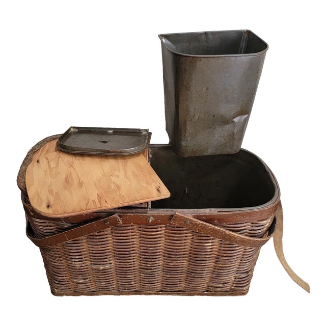 Antique Wooden Picnic Refrigerator Basket Hawkeye Style With Tin Inserts For Sale