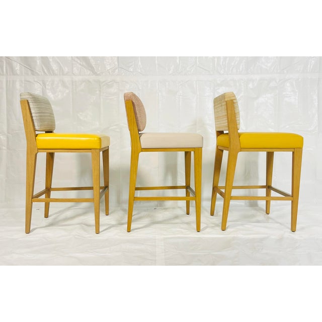 Postmodern Set of 3 1980s Modern Oak Counter Stools With Leather Seats and Upholstered Backs For Sale - Image 3 of 17