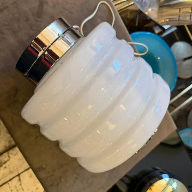1990s Space Age Chromed Metal and White Glass Italian Round Table Lamp For Sale - Image 14 of 15