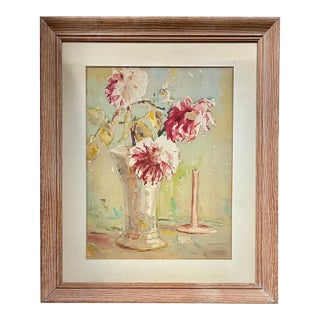 1930s Marie Anna Bommer (American 1905 - 1996) Art Deco Watercolor Floral Still Life Painting of Peonies in a Vase For Sale