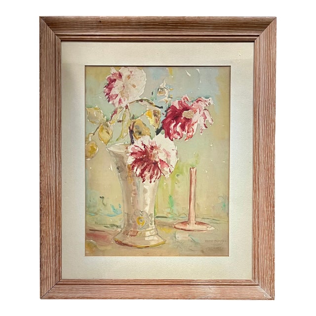 1930s Marie Anna Bommer (American 1905 - 1996) Art Deco Watercolor Floral Still Life Painting of Peonies in a Vase For Sale