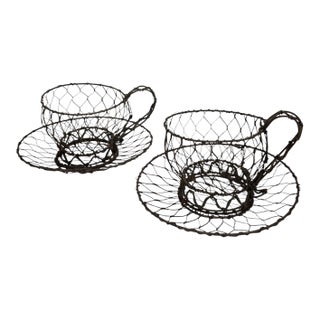 Vintage Wire Folk Art Tea Cups Set/2 For Sale